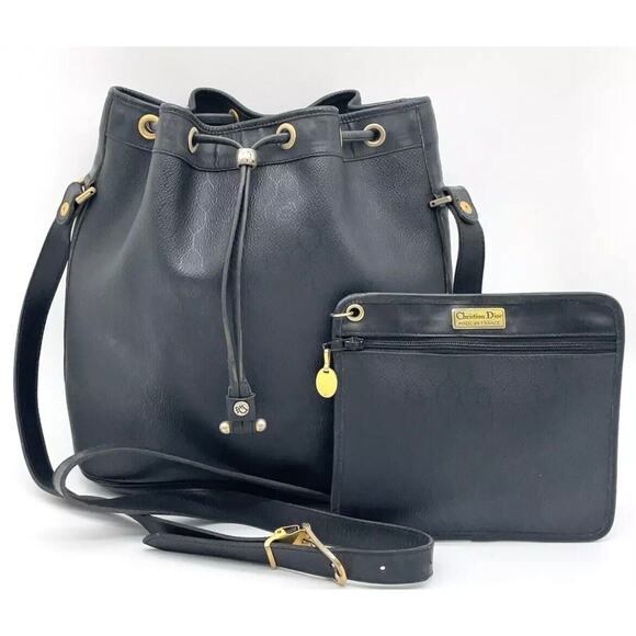 Authentic Christian DIOR Honeycomb Black Drawstring Bucket Bag Purse W/ Pouch - Picture 1 of 10